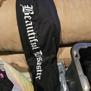 Black Graphic Leggings with Gothic 'Beautiful Disaster' Print